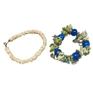 Vintage Puka Shell Ankle Bracelet and Vintage Green Shell and Blue Stone Beaded